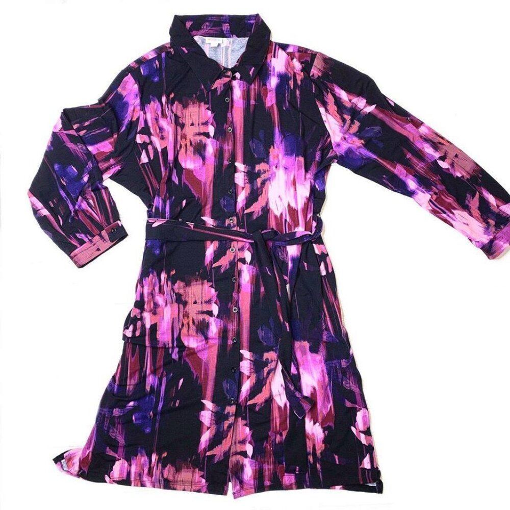 NEW‎ M LuLaRoe Ellie Shirt Dress Full Button Pink Floral Midi Long Sleeve Belt